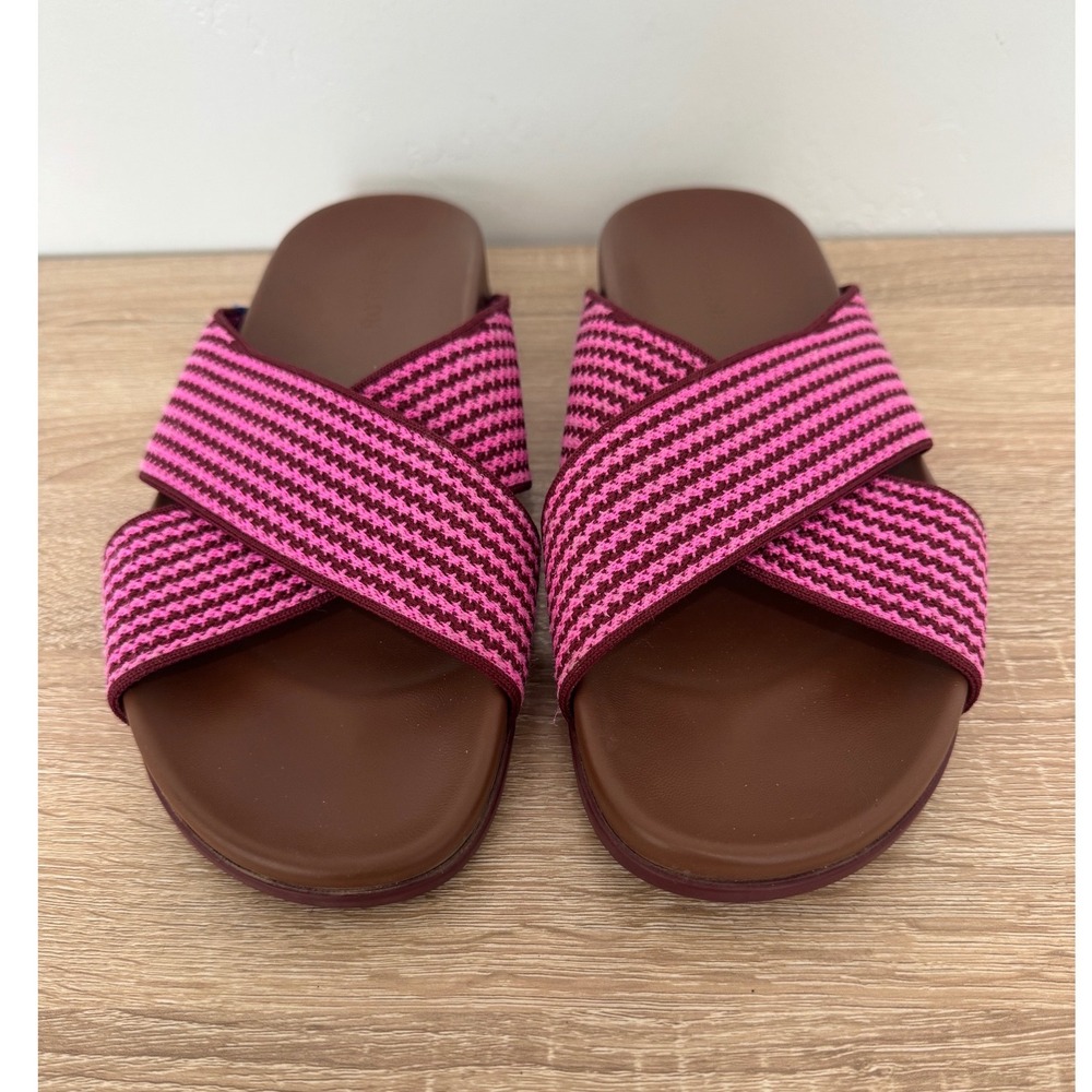 Rothy's The Weekend Slide Sandals Sangria Stripe Pink Burgundy Women's 11 EUC